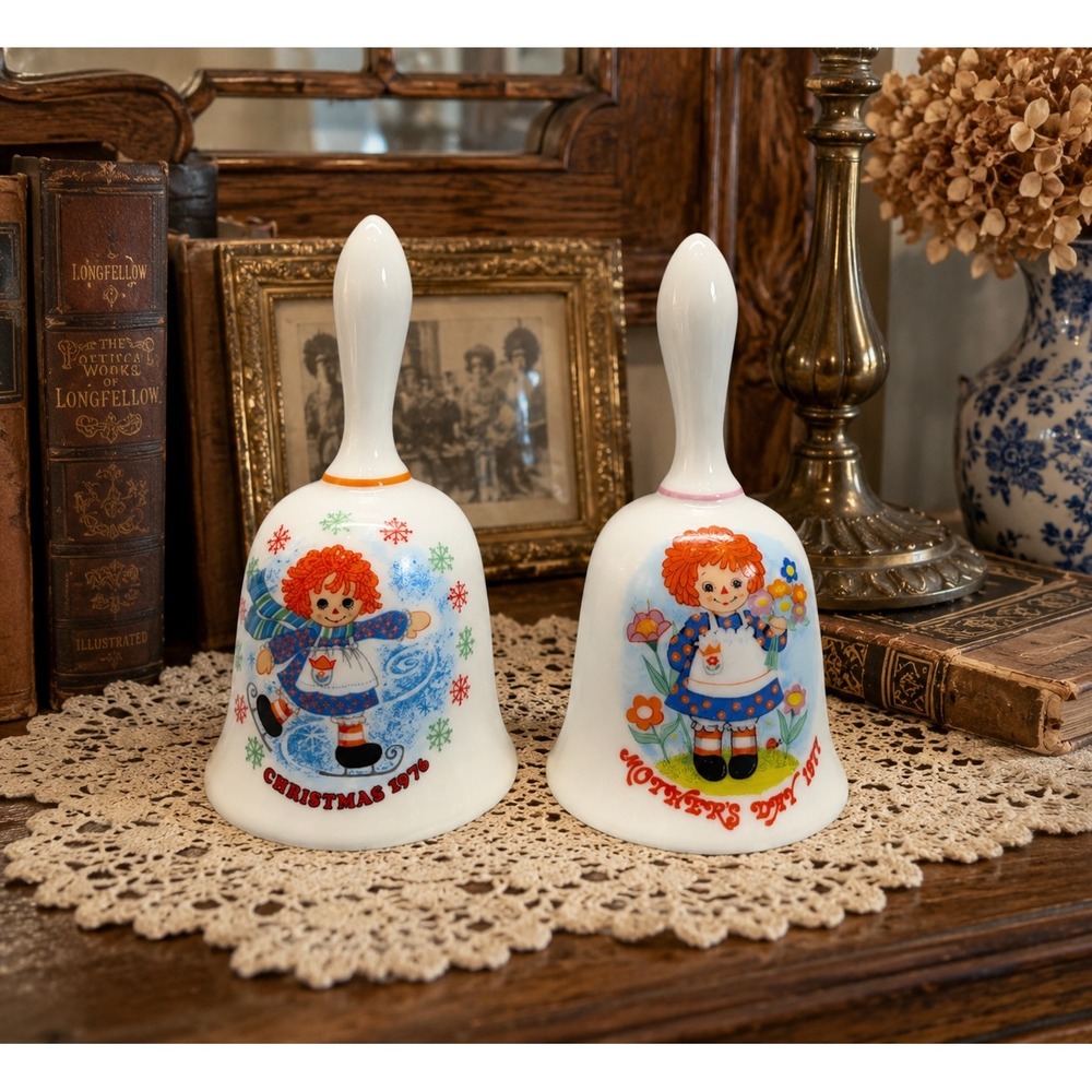 Vintage Raggedy Ann Porcelain Bell Set Christmas 1976 Mother's Day 1977 2pc